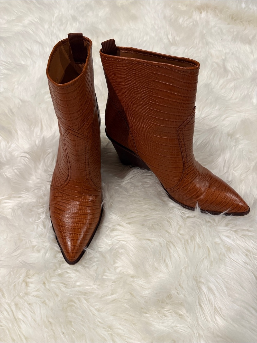 Franco Sarto Pointed Toe Croc-Embossed Ankle Boots in Cognac 9M